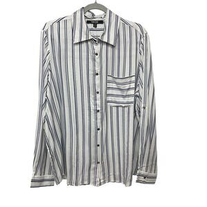 Louise Paris Plus White Navy Striped‎ Button-Down Shirt Long Sleeve Sz 1X Blouse